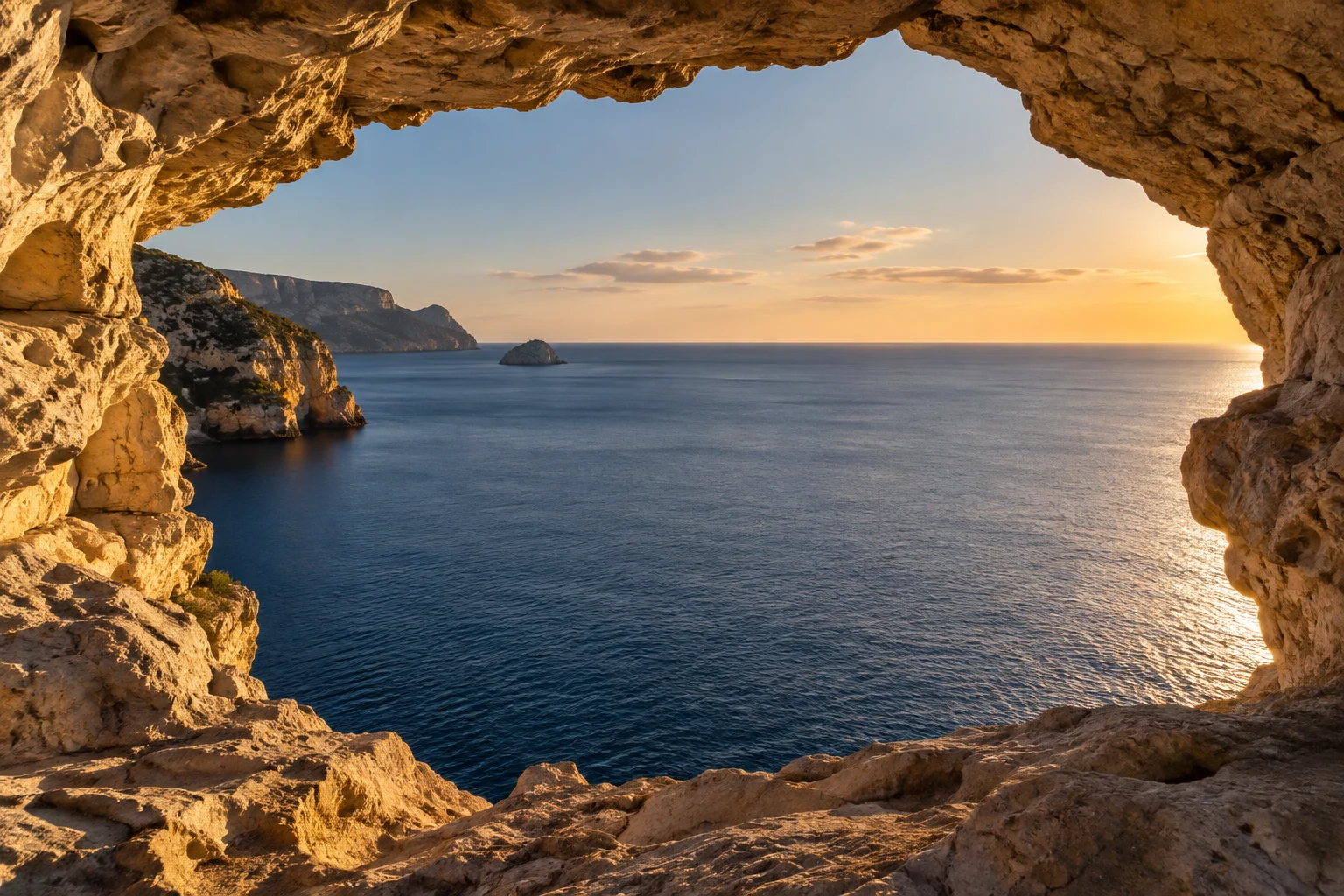 Una ventana natural de roca hacia el mar azul y un horizonte luminoso